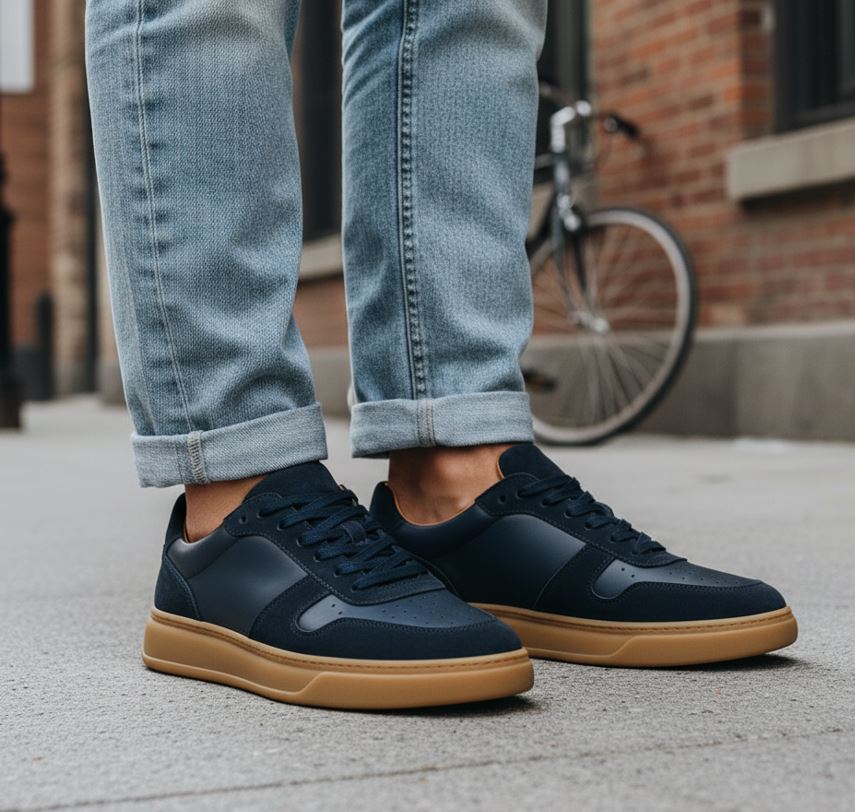 uomo indossa sneakers eleganti in pelle blu