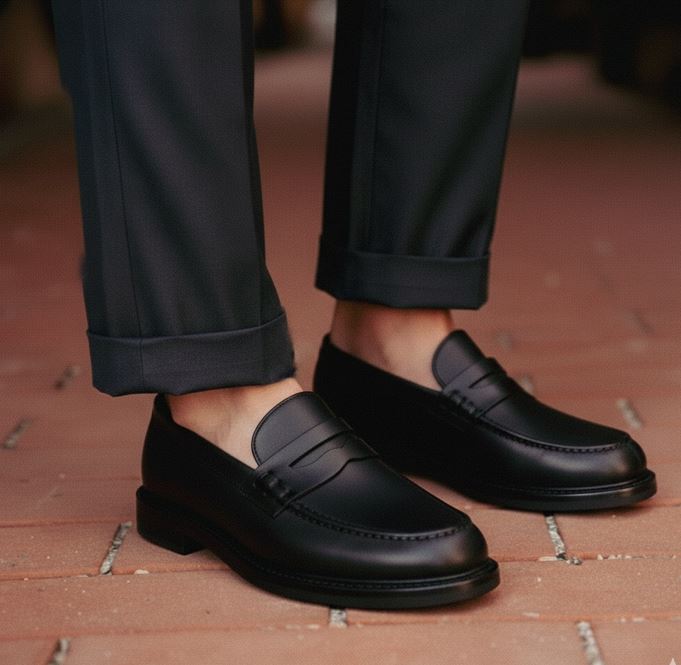 uomo indossa Mocassino Uomo invernale pelle nera | Made in Italy | Tiziano