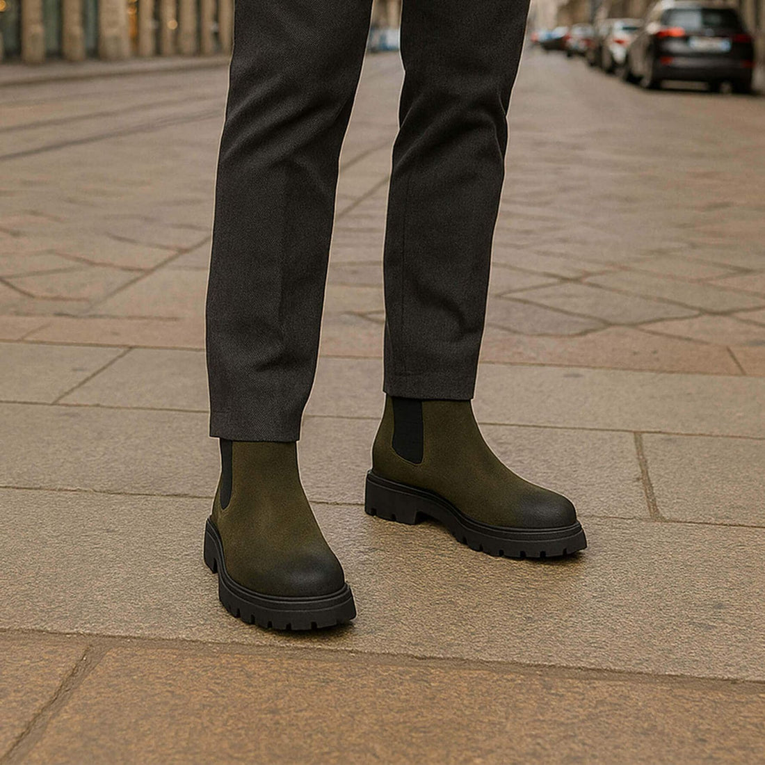 Uomo indossa Stivaletti Uomo Camoscio Verde | Made in Italy | Furio