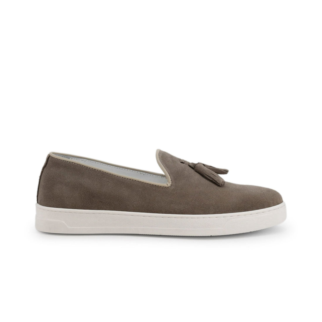 Slip on mocassini camoscio tortora e suola bianca  Duca di Morrone