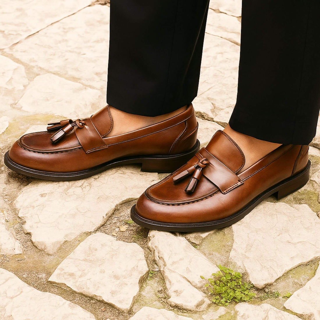 Uomo indossa Mocassini pelle marrone con nappine made in italy - Ascanio