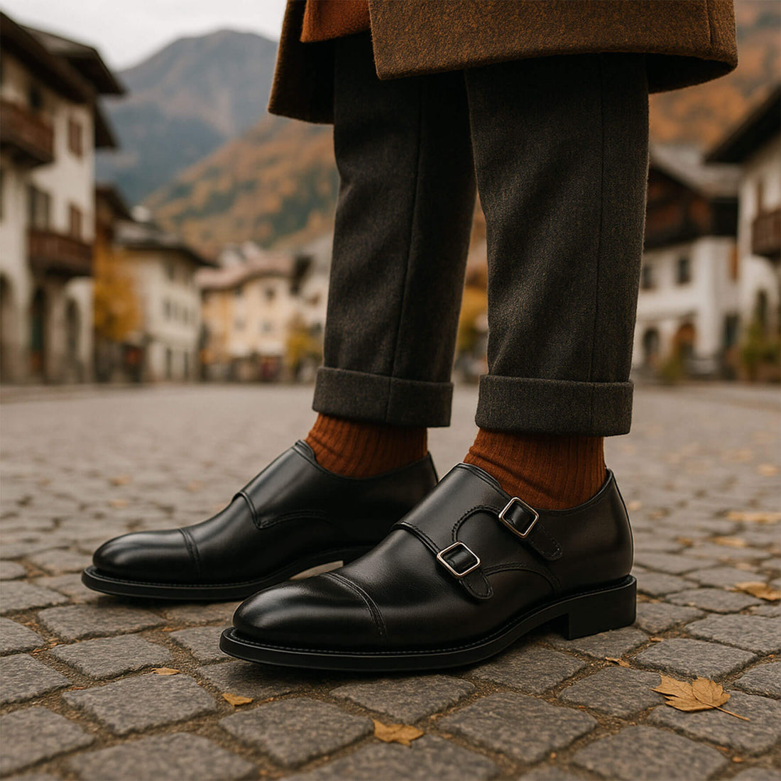 uomo indossa Scarpa Doppia Fibbia in Pelle Nera - Davide