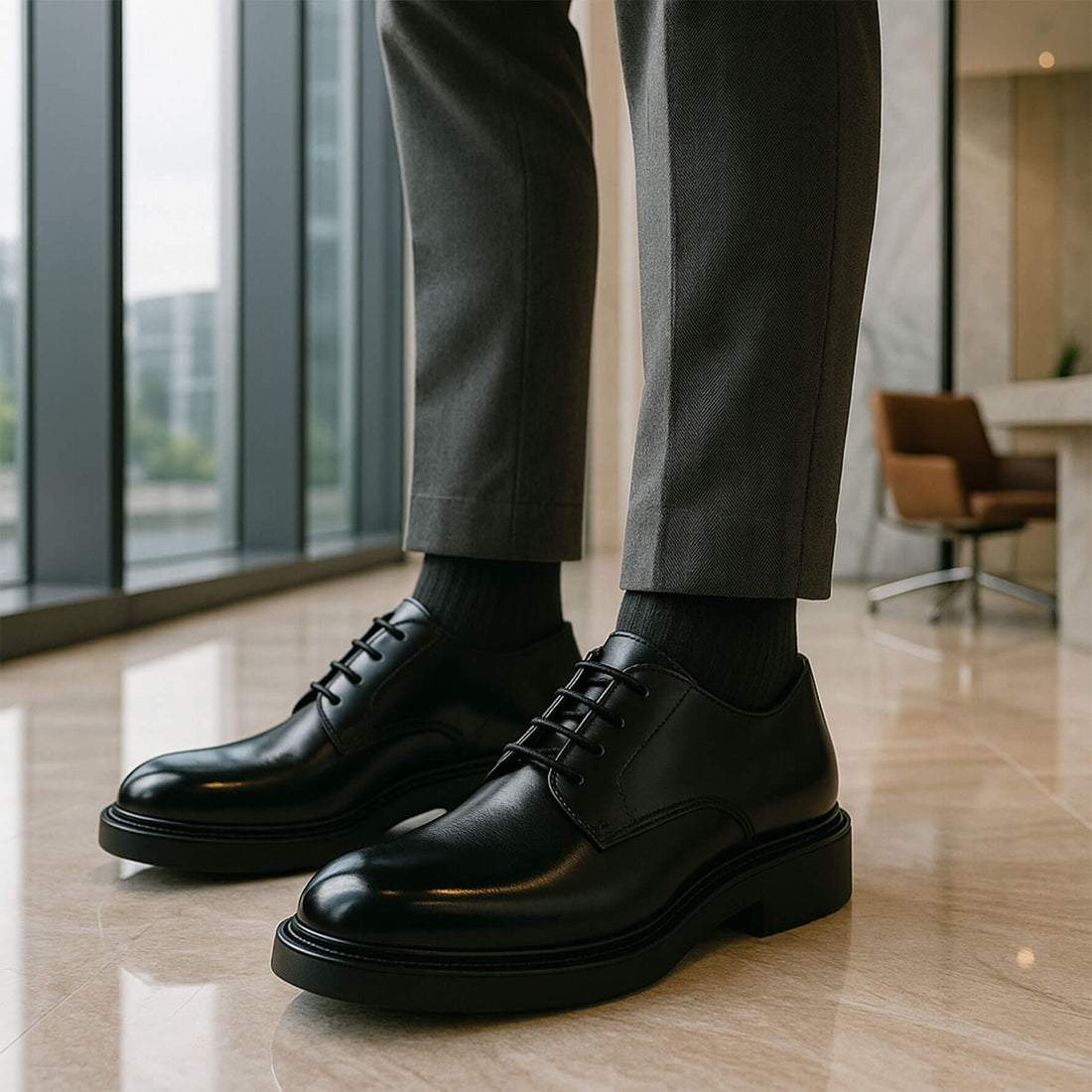Uomo indossa Scarpa Elegante Derby pelle nera Made in Italy - Gioele
