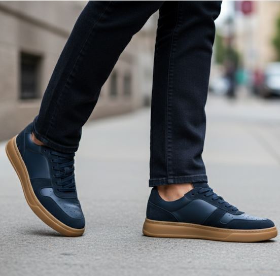 uomo indossa sneakers eleganti in pelle blu jeans