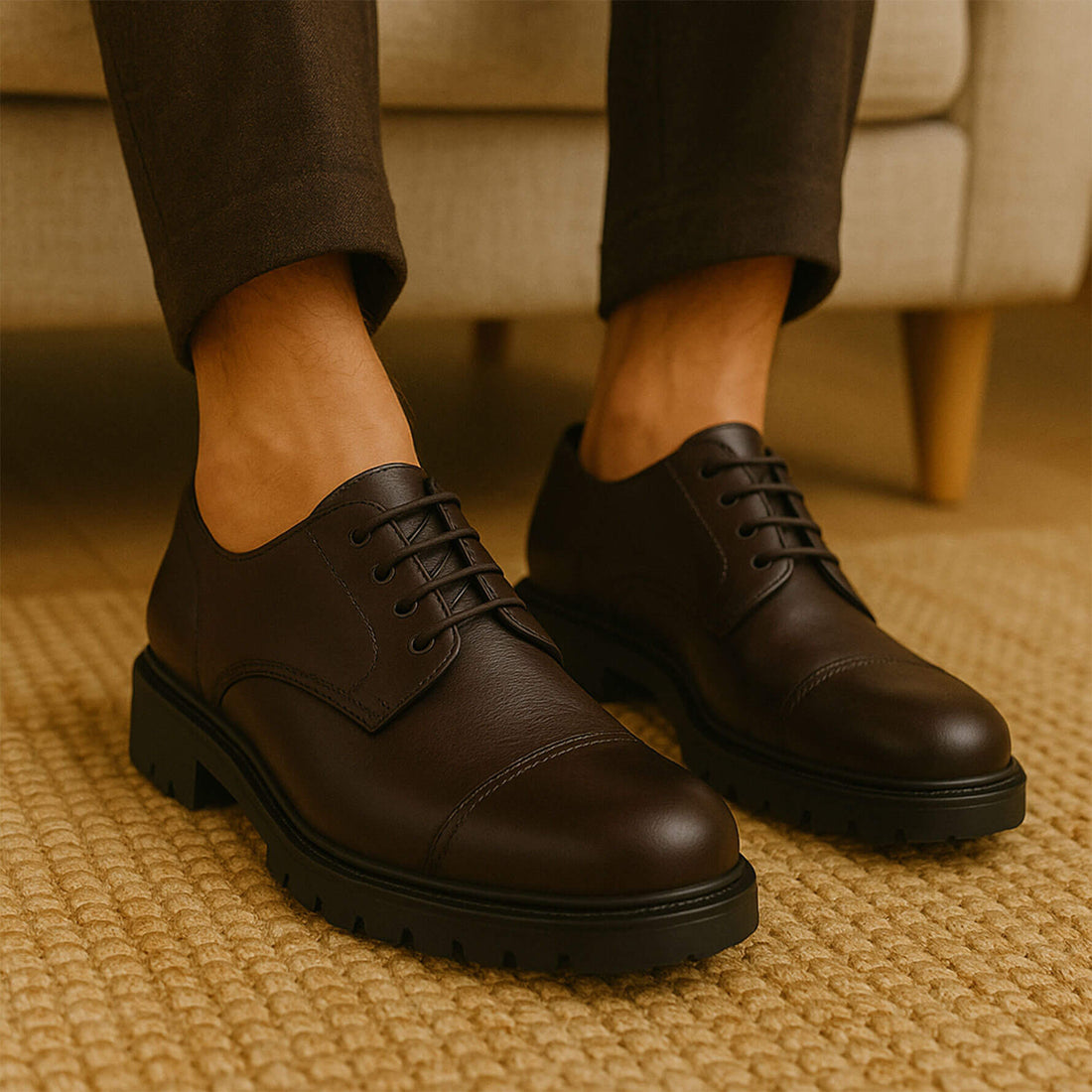 uomo indossa Derby Stringata in Pelle Marrone - Made in Italy -  Suola tipo roccia - Luciano