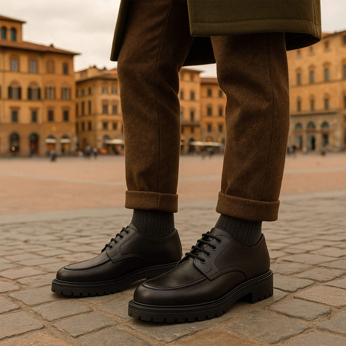 Uomo indossa Scarpa Derby Modello Ingeniere Pelle Nera - Made in Italy - Marcello