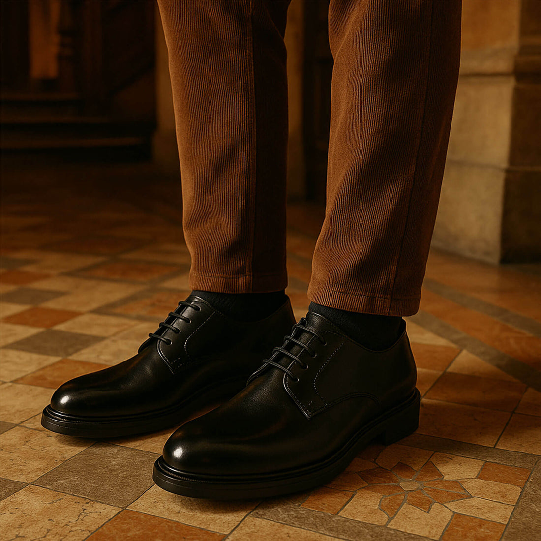 uomo indossa Scarpe eleganti uomo nere - derby - suola gomma - made in italy 